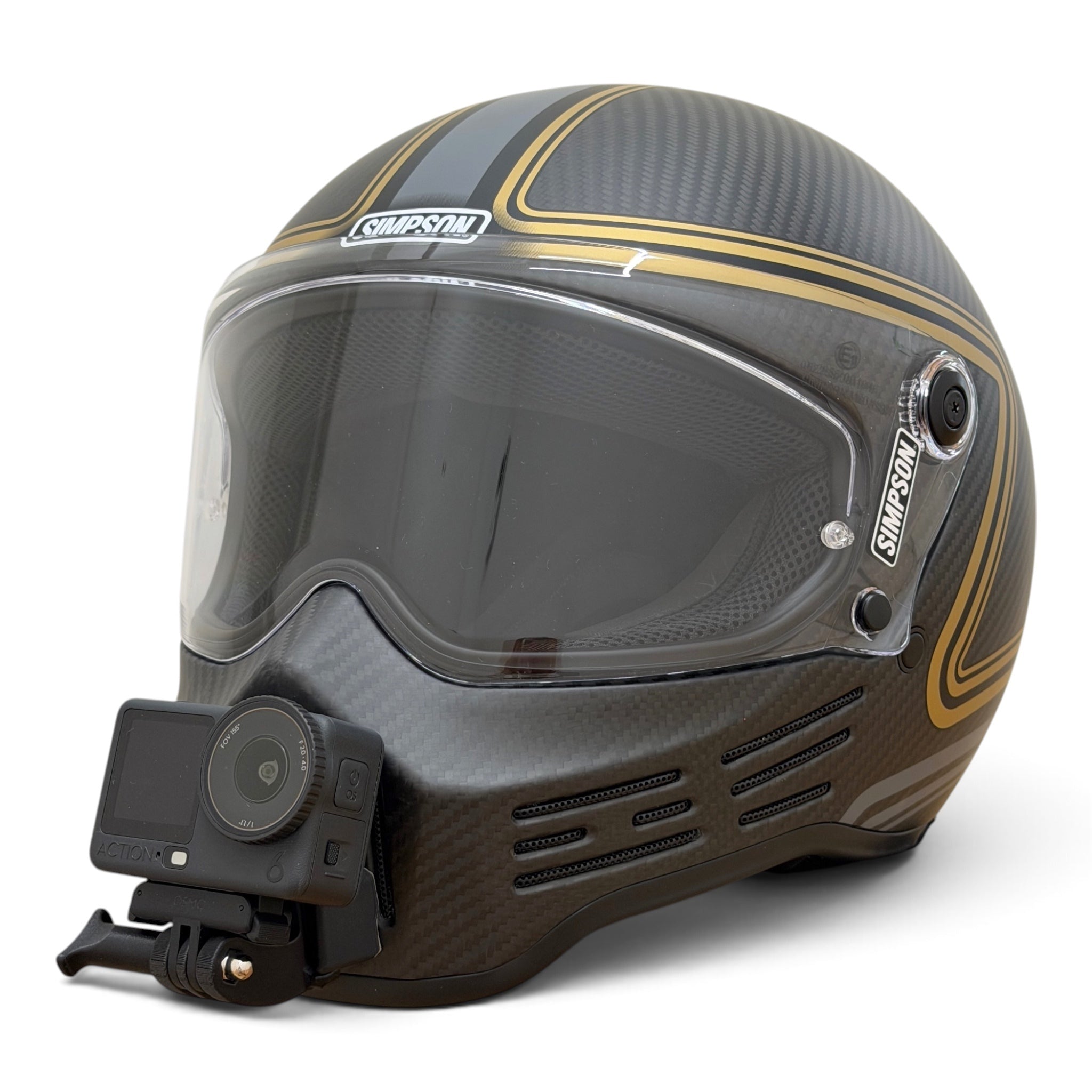 Casco SIMPSON M30 con soporte de mentonera RiderMounts y cámara de acción montada
