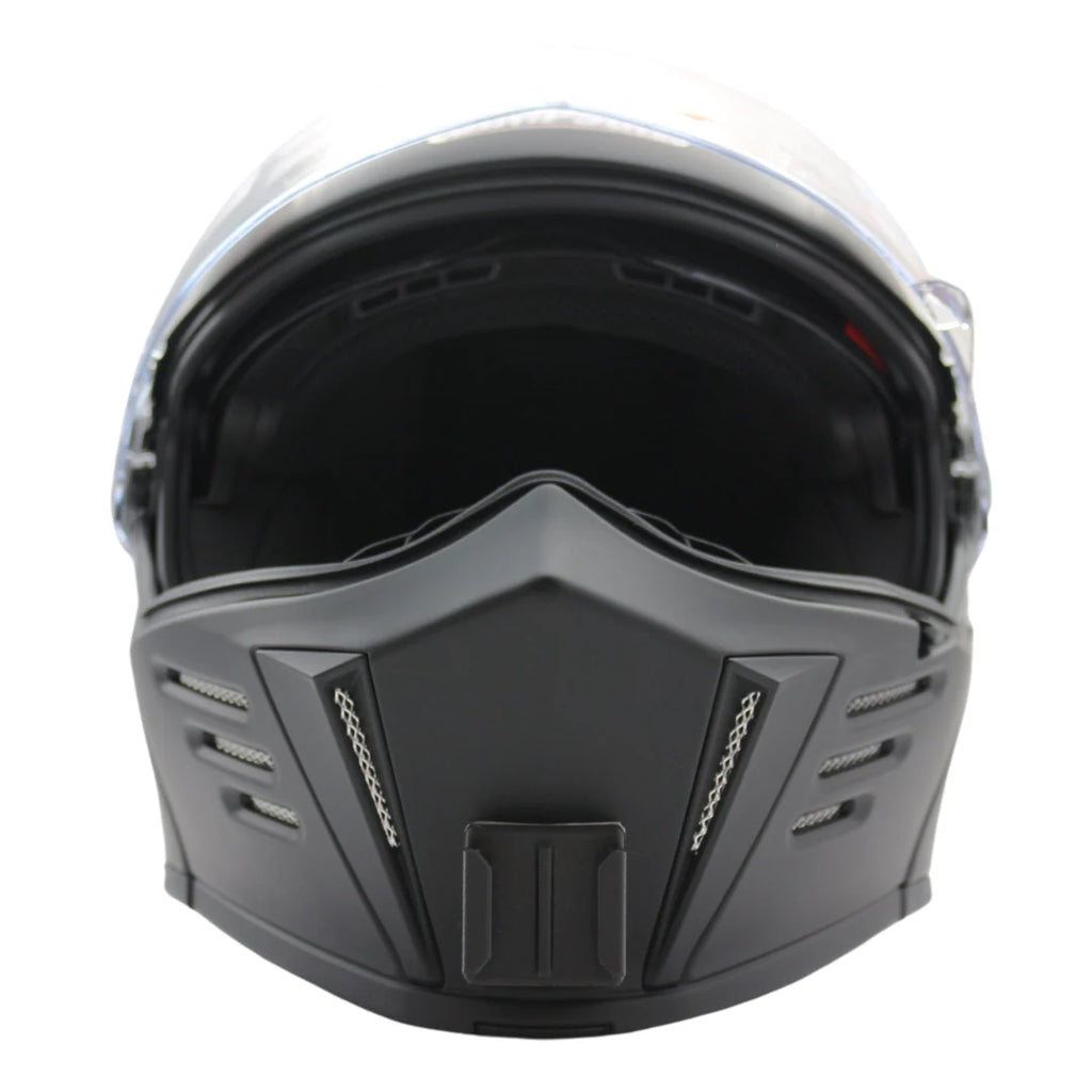 Vista frontal del casco SIMPSON MOD Bandit con el soporte de mentonera RiderMounts montado