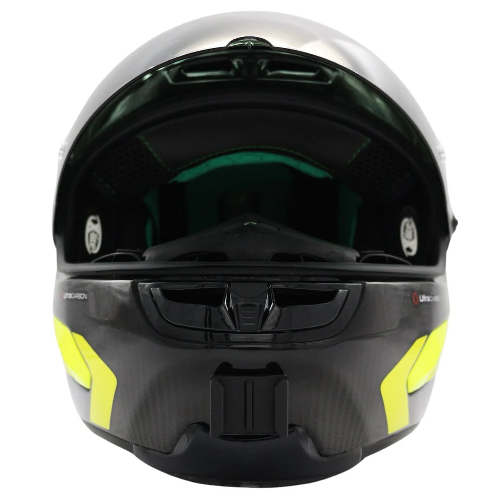 Vista frontal del casco X-LITE X-803 con el soporte de mentonera RiderMounts montado